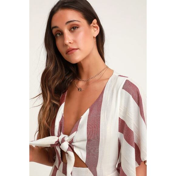 Lulus Jumpsuit Small Cream Red Rayna Striped Tie-Front Culotte Cropped Straight - Picture 11 of 16